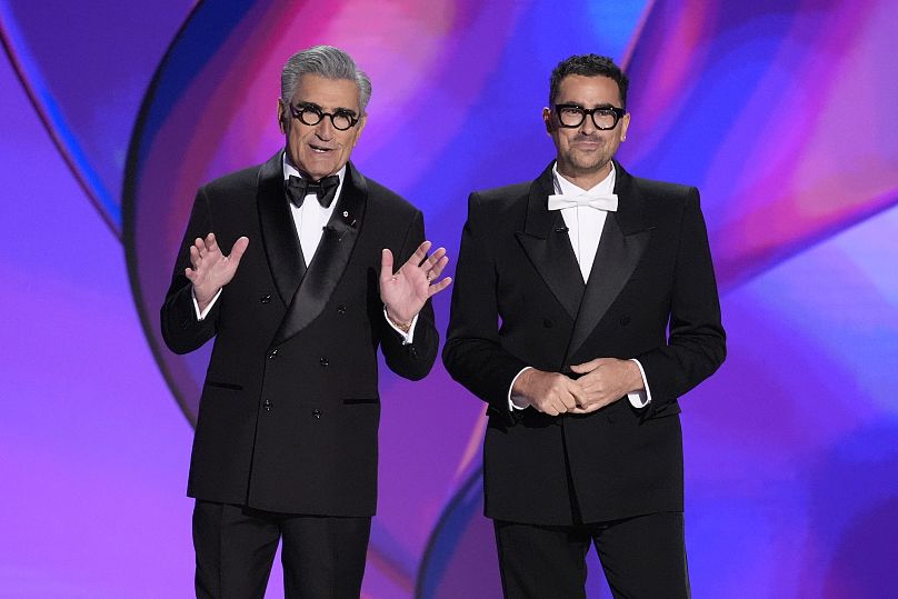 Hosts Eugene Levy, left, and Dan Levy 