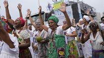 Faithful from various religions participate in the Defense of Religious Freedom march at Copacabana beach in Rio de Janeiro, Sunday, Sept. 15, 2024.