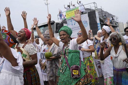 Faithful from various religions participate in the Defense of Religious Freedom march at Copacabana beach in Rio de Janeiro on Sept. 15, 2024.