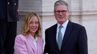 Italian Premier Giorgia Meloni, left, welcomes U.K. Prime Minister Keir Starmer as they meet at Villa Panphilj in Rome, Monday, Sept. 16, 2024.