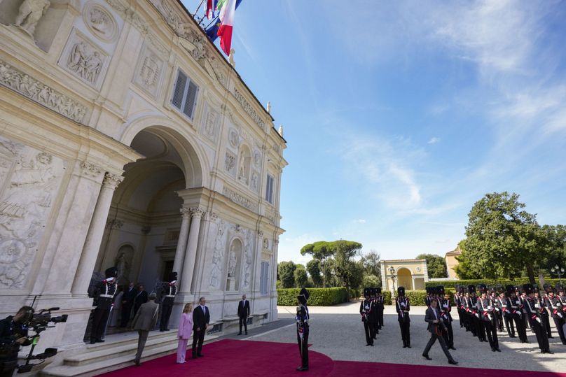 Italian Premier Giorgia Meloni, center left, welcomes U.K. Prime Minister Keir Starmer as they meet at Villa Panphilj in Rome, Monday, Sept. 16, 2024.