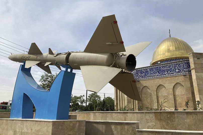 A missile on display at an entrance of the Quds town west of the capital Tehran, April 2024