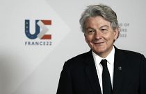 European Commissioner for Internal Market Thierry Breton arrives for meeting of European Union defense ministers in Brest, France, Jan. 13, 2022.