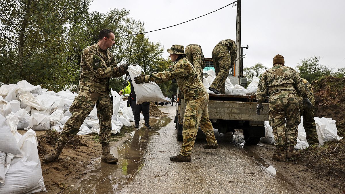 Венгерские военные помогают строить противопаводковые дамбы на Дунае