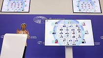 European Commission President Ursula von der Leyen presents her new team for the next five-year, during a press conference at the European Parliament, Tuesday, Sept. 17, 2024,