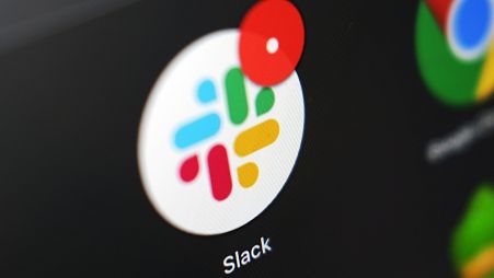 The Slack app icon is displayed on a computer screen, Wednesday, Dec 2, 2020, in Tokyo. 