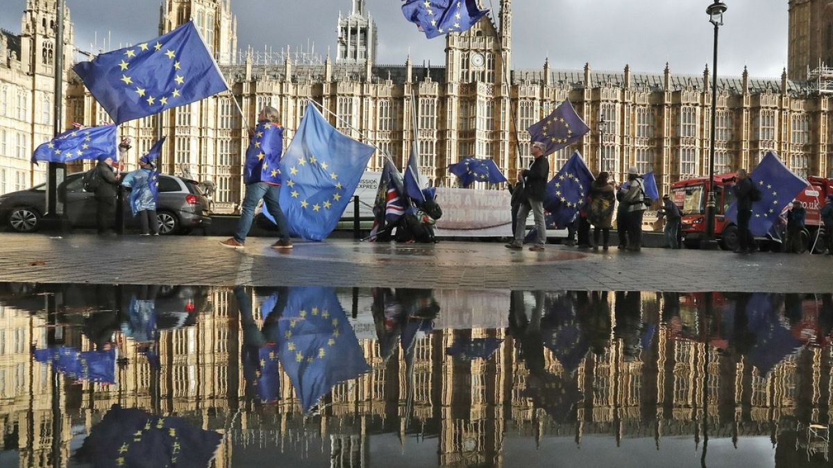 Protestors are reflected in a large puddle as they wave European flags to demonstrate against Brexit in front of the Parliament in London, Dec. 3, 2018.