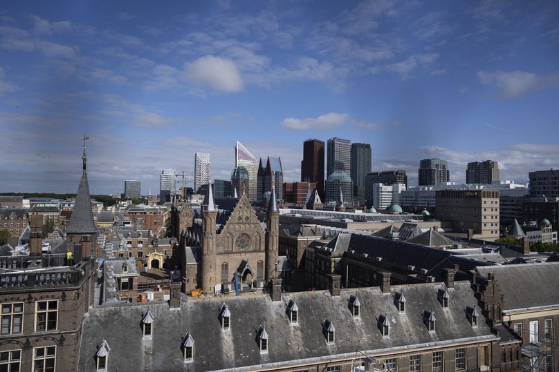 View of government buildings under renovation in the Hague, Netherlands.