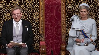 Dutch King Willem-Alexander, seated next to Queen Maxima, outlines the new government's policy plans and budget for the coming year in The Hague, Netherlands, 17 Sept 2024