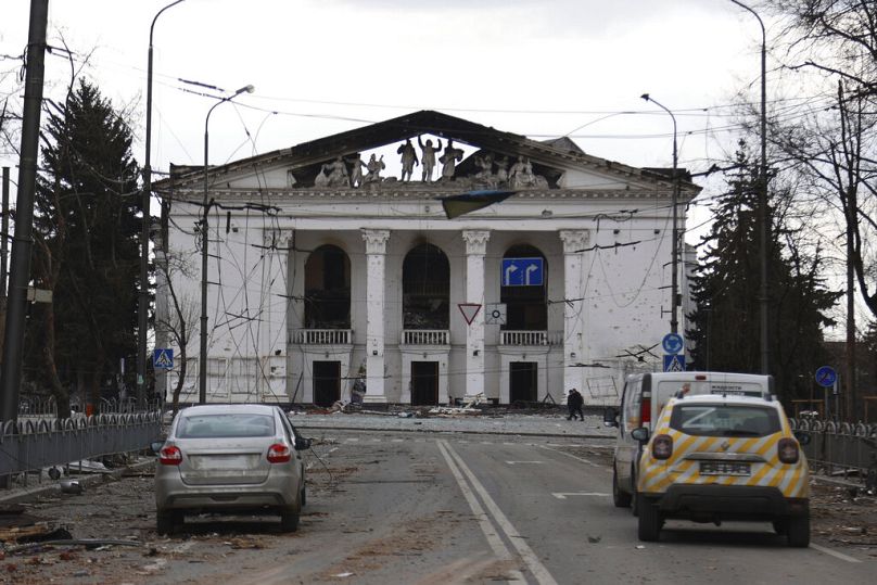 The Donetsk Academic Regional Drama Theatre in Mariupol, Ukraine, after a Russian air strike in March 2022.