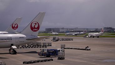 Aerei della Japan Airlines parcheggiati in un terminal dell'aeroporto internazionale di Haneda a Tokyo.