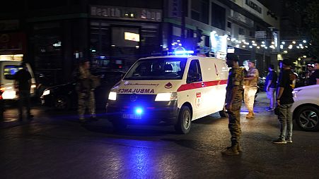 An ambulance carrying wounded people whose handheld pager exploded arrives outside at the American University hospital, in Beirut, Lebanon, Tuesday, Sept. 17, 2024.