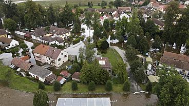 Вид на затопленные улицы в городе Плав, Чехия