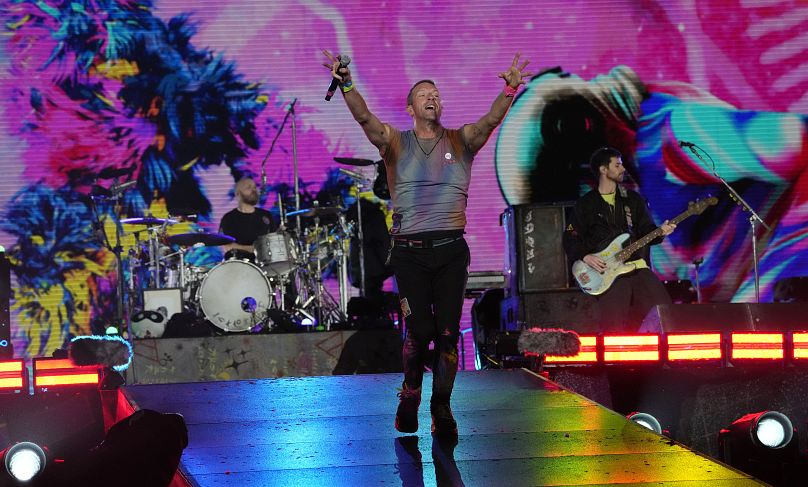 Chris Martin of Coldplay performs at the Rose Bowl, Saturday, Sept. 30, 2023, in Pasadena, Calif.