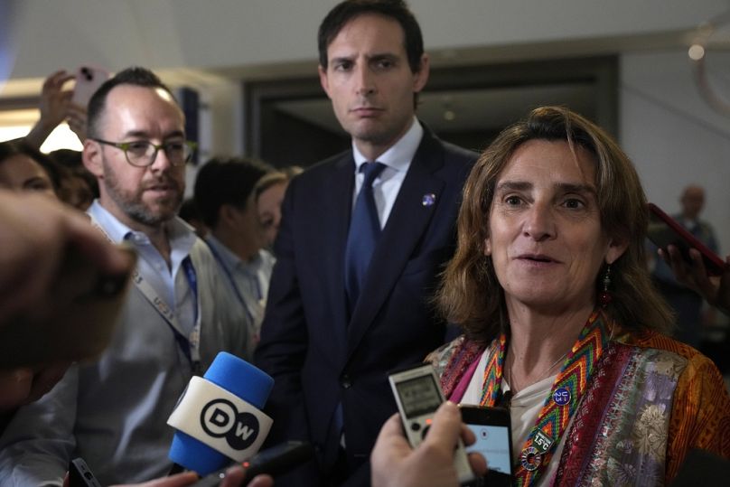 Spain Deputy Prime Minister Teresa Ribera, right, and Wopke Hoekstra, European Union commissioner for climate action, speak to members of the media at COP28.