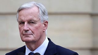 New French prime minister Michel Barnier looks on right during the handover ceremony, Thursday, Sept. 5, 2024 in Paris.