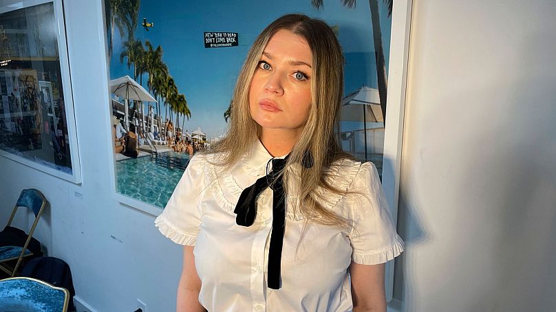 Anna Delvey, also known as Anna Sorokin, poses at her apartment in New York on 26 May 2023, to promote her podcast, “The Anna Delvey Show.”