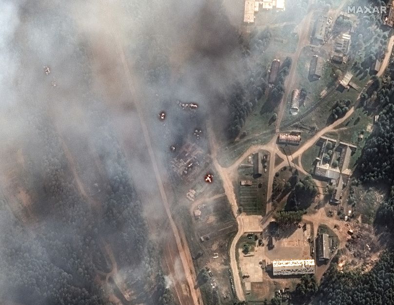 General view of the aftermath of a large series of explosion on an ammunition depot in Toropets, Russia, Wednesday Sept. 18, 2024. (Satellite image ©2023 Maxar Technologies)