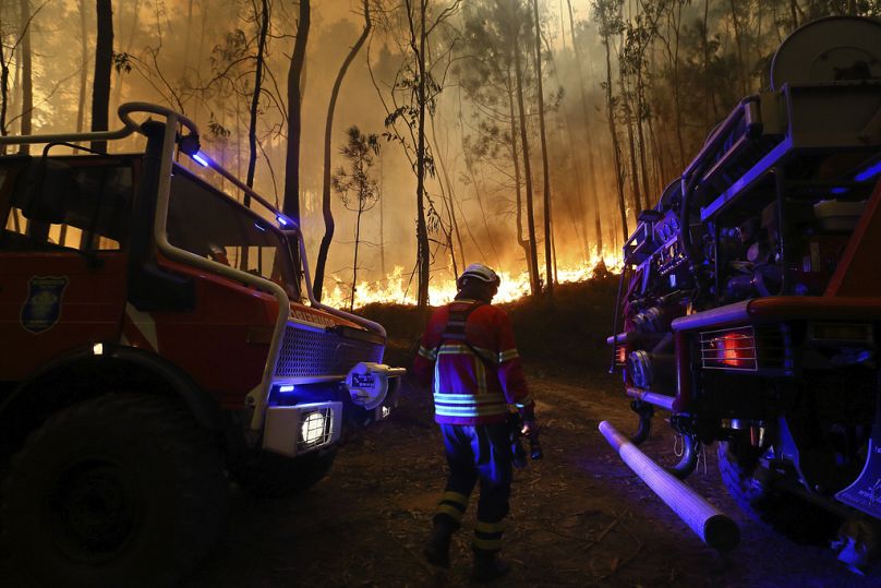 Firefighters work to extinguish a fire on the outskirts of Sever do Vouga, a town in northern Portugal that has been surrounded by forest fires for several days.