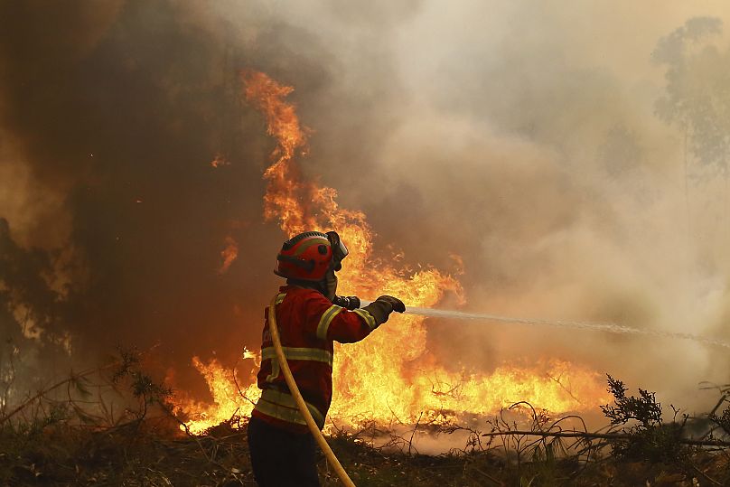 A firefighter works to extinguish a fire on the outskirts of Sever do Vouga.