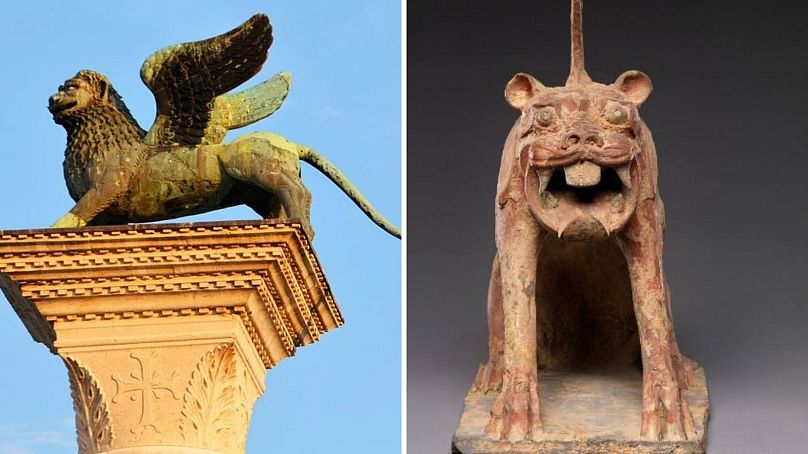 Left: The Venice Lion; Right: Zhènmùshòu