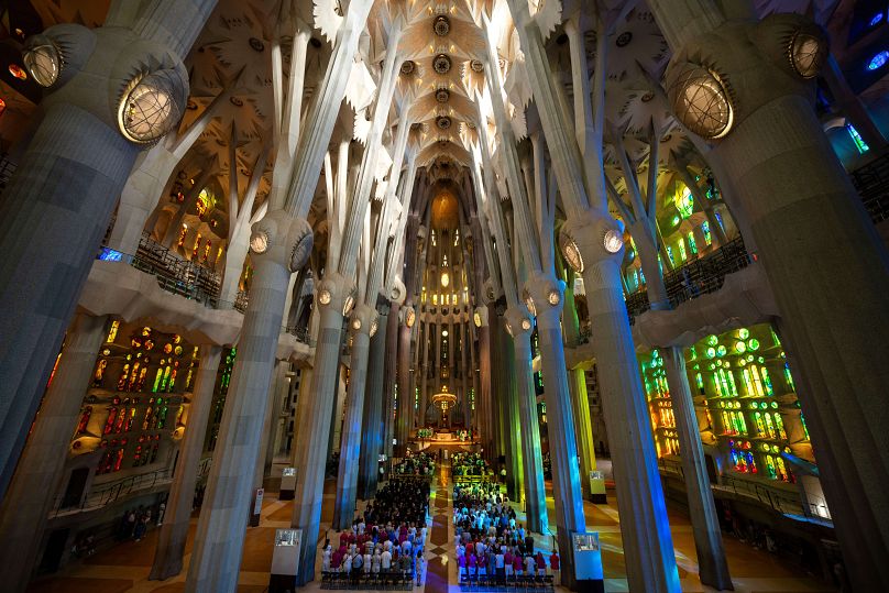 Worshippers attend a Mass in the Sagrada Familia basilica in Barcelona, Spain, Sunday, July 9, 2023.