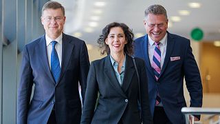 European Commissioner-designates Valdis Dombrovskis (left), Hadja Lahbib (centre) and Maroš Šefčovič (right)