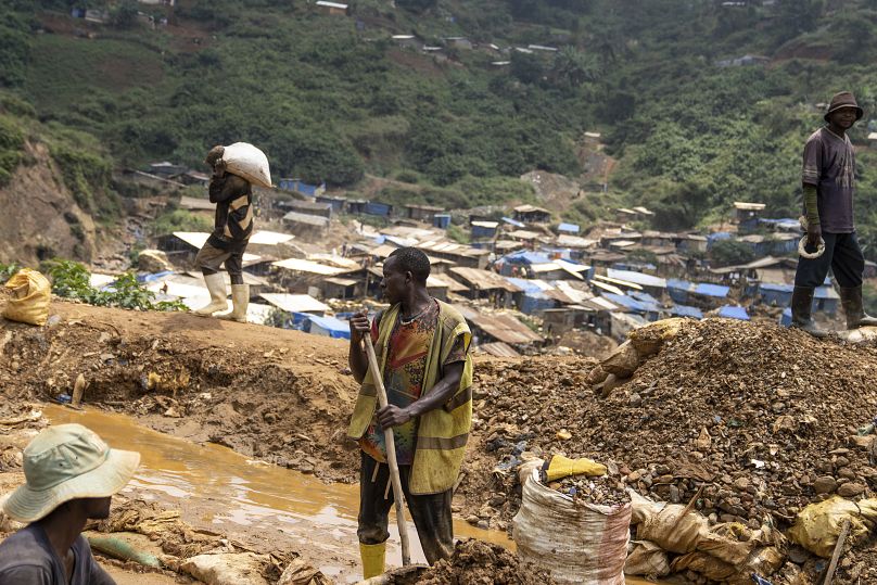 Gold miners at work in the town of Kamituga, in South Kivu province in eastern Congo, on Sept. 5, 2024