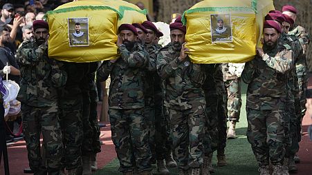 Elektronikus robbantásban meghalt Hezbollah-tagok temetése, Bejrút, Libanon, 2024 szeptember 19. 