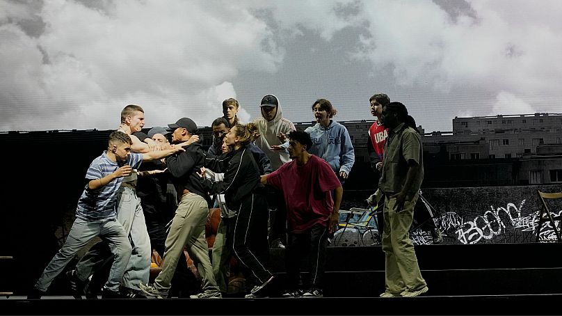 Actors perform during a rehearsal of La Haine musical show, in Tremblay en France, Tuesday, 17 September 2024.