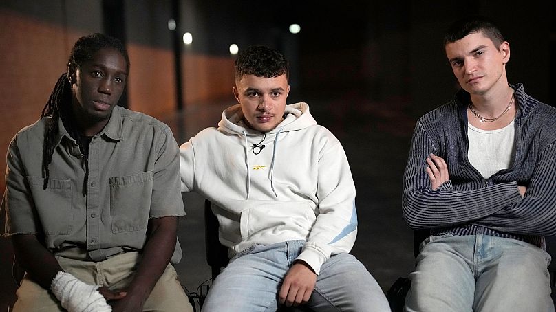 Actors Aliyou Diop, left, Samy Belkessa center, and Alexander Ferrario pose in Tremblay en France,Tuesday, 17 September 2024.