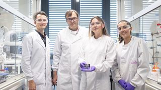 From left to right, researchers Paulius Baronas, Kasper Moth-Poulsen, Helen Hölzel and Lorette Fernandez at Universitat Politècnica de Catalunya (UPC)'s MOST laboratory. 