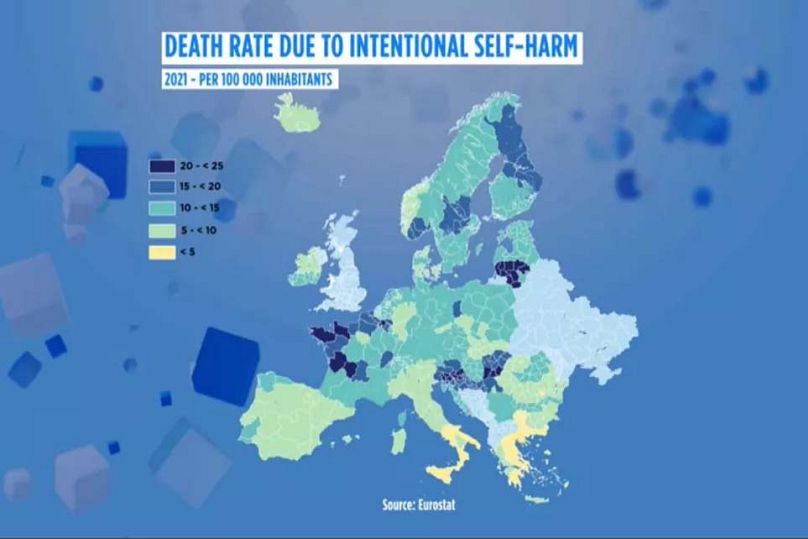 معدل الوفيات الناجمة عن إيذاء النفس المتعمد في أوروبا في عام 2021، لكل 100000 نسمة. يوروستات