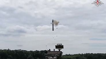 A Russian Tor-M2 anti aircraft missile system launches a rocket in the Russian - Ukrainian border area in the Kursk region, Russia. 