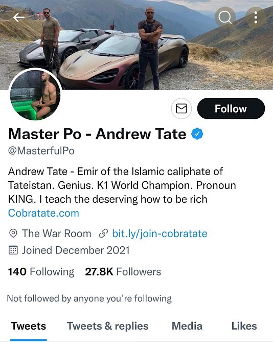 Andrew Tate @MasterfulPo profilja a Twitteren
