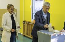 Hans-Christoph Berndt, a candidate for the AfD in the Brandenburg state elections, and his wife cast their ballots for the state election on Sunday, Sept. 22, 2024 in Potsdam,