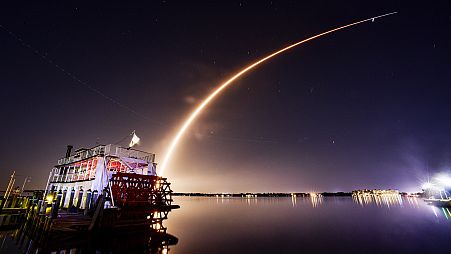 A SpaceX Falcon 9 rocket carrying 23 Starlink satellites lifts off from Cape Canaveral Space Force Station, Florida, Saturday, October 21, 2023.