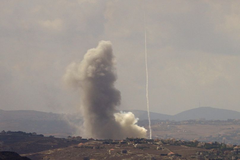 Smoke rises from Israeli airstrikes on Taybeh village, seen from the southern town of Marjayoun, Lebanon, Monday, Sept. 23, 2024