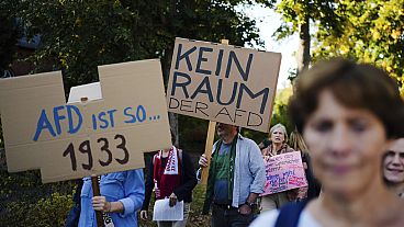 Manifestação contra a AfD perto da sede do partido em Potsdam