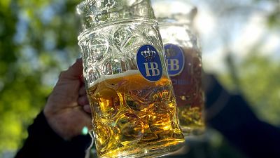 La gente brinda con sus jarras de cerveza en la cervecería "Taxisgarten" de Múnich.