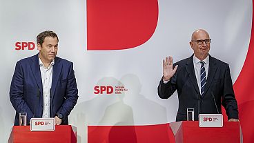 Dietmar Woidke and Lars Klingbeil attend a joint press conference after the party's committee meetings in Berlin, Germany, Monday, Sept. 23, 2024.