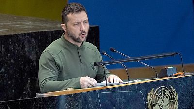 Ukraine's President Volodymyr Zelenskyy addresses the the Summit of the Future, in the United Nations General Assembly, 23 September 2024. 