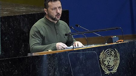 Ukraine's President Volodymyr Zelenskyy addresses the the Summit of the Future, in the United Nations General Assembly, Monday, Sept. 23, 2024. 