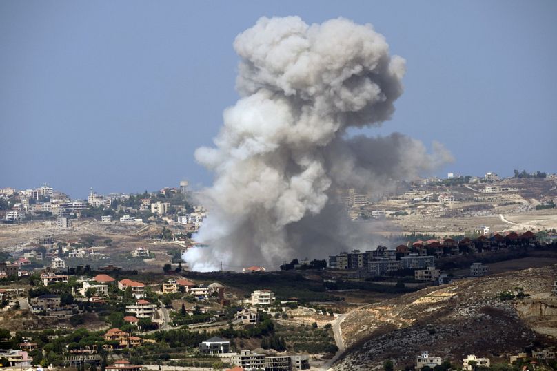 Smoke rises from Israeli shelling on villages in the Nabatiyeh district, seen from the southern town of Marjayoun, Lebanon, Monday, Sept. 23, 2024.