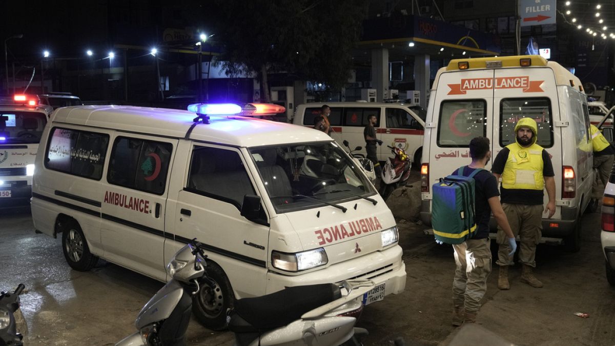 Ambulances arrive to evacuate the wounded near the site of an Israeli airstrike in Beirut's southern suburb, Monday, Sept. 23, 2024. 