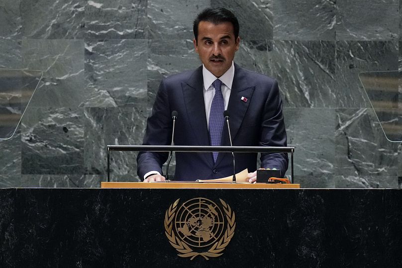 أمير قطر الشيخ تميم بن حمد آل ثاني يتحدث في الدورة التاسعة والسبعين للجمعية العامة للأمم المتحدة، يوم الثلاثاء، 24 سبتمبر 2024.