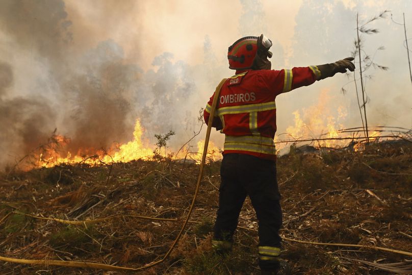 Un vigile del fuoco al lavoro per spegnere un incendio alla periferia di Sever do Vouga, nel nord del Portogallo, 18 settembre 2024