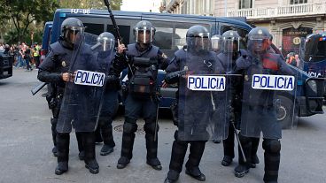 FILE PHOTO - Riot police in Barcelona, Spain, Saturday, Oct. 19, 2019. 