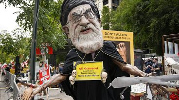Demonstrators protest against the Iranian regime outside United Nations headquarters