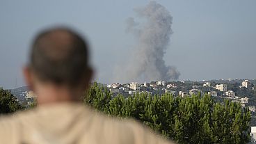 Smoke rises from an Israeli airstrike north of Beirut, in the village of Ras Osta, Byblos district, seen from Maaysrah, Lebanon, Wednesday, September 25, 2024. Smoke rises from an Israeli airstrike north of Beirut, in the village of Ras Osta, Byblos district, seen from Maaysrah, Lebanon, Wednesday, September 25, 2024.